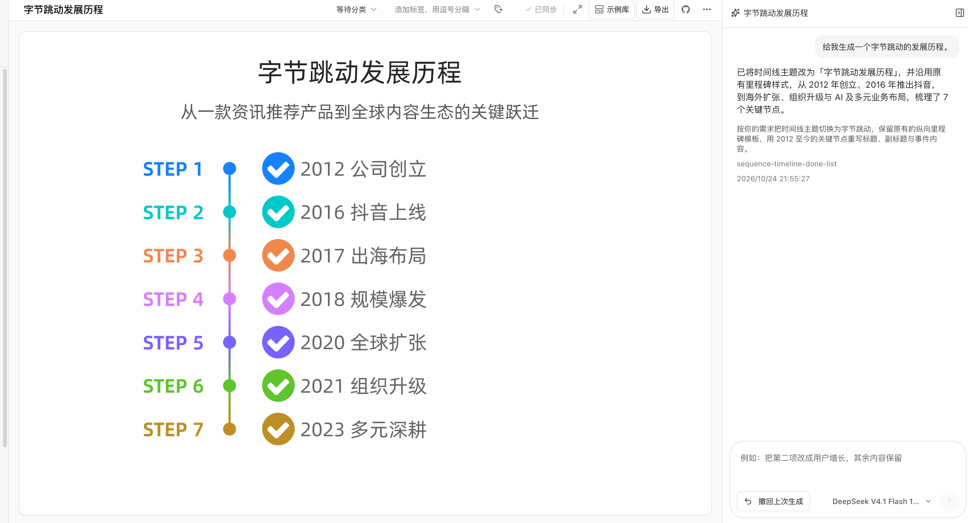 AI 生成字节跳动发展历程时间线信息图